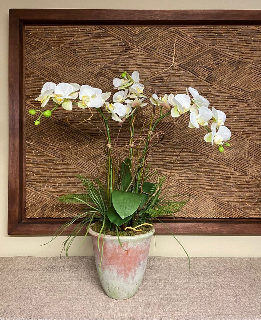 Orquideario con Tres Phalaenopsis Blancas y Follajes Artificiales en Base de Cerámica