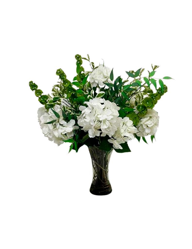Arreglo Floral con Hidrangeas Blancas Artificial en Florero de Vidrio con Agua Acrílica