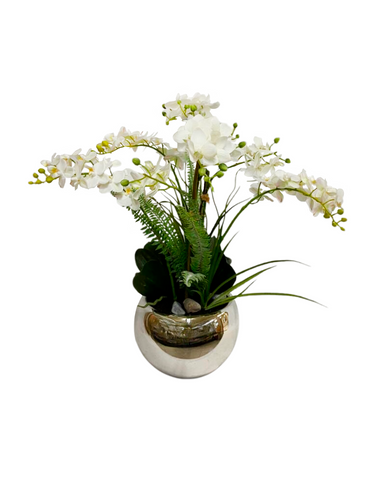 Orquideario con Mini Phalaenopsis Blancas y Follajes Artificiales en Base Tipo Espejo