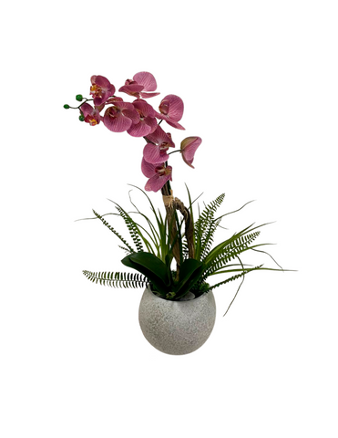 Orquideario con Phalaenopsis Rosas y Follajes Artificiales en Base Tipo Cantera